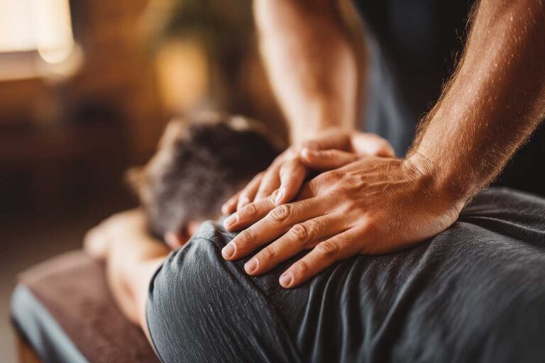Two people in casual clothing stretching their joints in a sunny living room.
